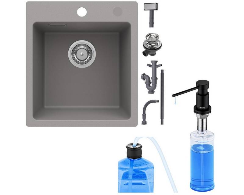 CECIPA MAX Küchenspüle Granitspüle 40×45cm Aufsatzspüle für die Küche, Rechteck, 40/45 cm, Mit schwarz Seifenspender, Spülbecken mit 1 Becken Spülbecken Grau von CECIPA MAX