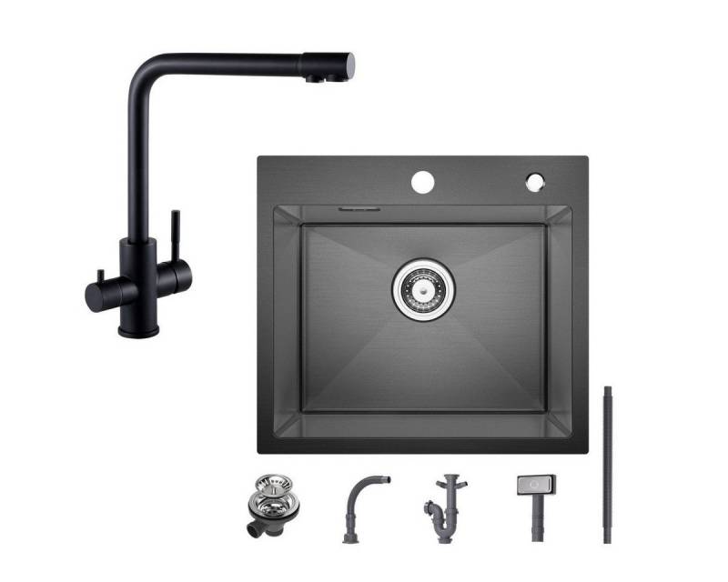 CECIPA MAX Küchenspüle Spülbecken mit 1 Becken 50×45CM Edelstahlspüle Anthrazitschwarz, Quadrat, 50/45 cm, Schwarz Küchenarmatur, 3 in 1 Spültischarmatur, Höhe 344 mm von CECIPA MAX
