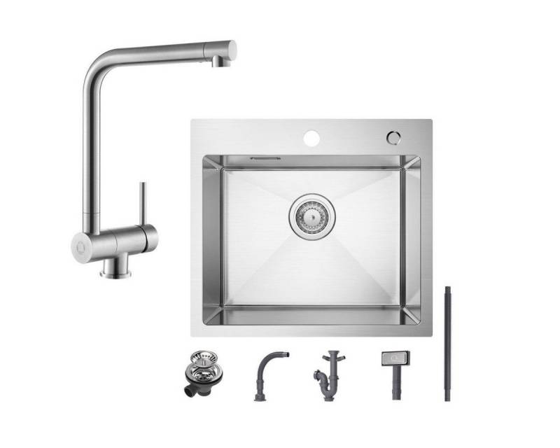 CECIPA MAX Küchenspüle Spülbecken mit 1 Becken 50×45CM Edelstahlspüle Gebürstete, Quadrat, 50/45 cm, Gebürstete Küchenarmatur, Spültischarmatur vor dem Fenster 310,9 mm von CECIPA MAX