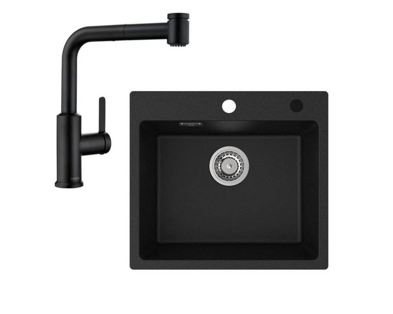 CECIPA MAX Küchenspüle Spülbecken mit 1 Becken 50×45CM Granitspüle Anthrazitschwarz, Quadrat, 50/45 cm, Küchenarmatur mit 2 Strahlarten, Ausziehbarer Spültischarmatur in Schwarz, Höhe 328,3 mm von CECIPA MAX