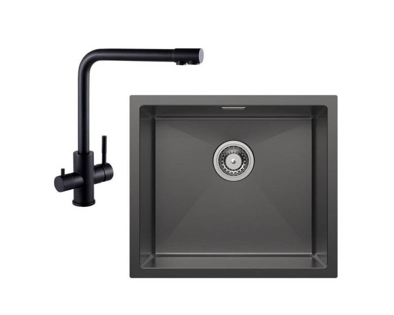 CECIPA MAX Küchenspüle Unterbauspüle mit 1 Becken 50×44CM Edelstahlspüle Anthrazitschwarz, Quadrat, 50/44 cm, 3 in 1 Spültischarmatur, Höhe 344 mm, Schwarz Küchenarmatur von CECIPA MAX