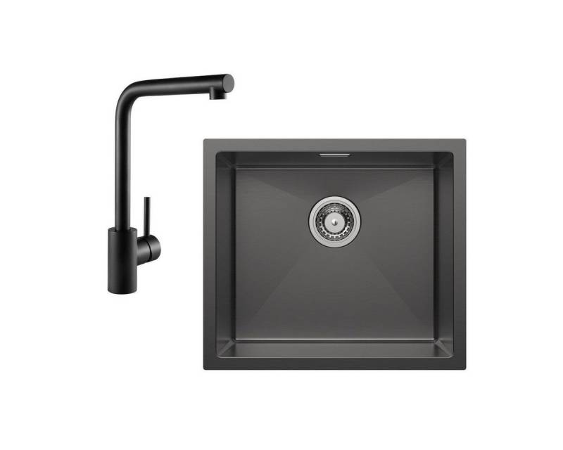 CECIPA MAX Küchenspüle Unterbauspüle mit 1 Becken 50×44CM Edelstahlspüle Anthrazitschwarz, Quadrat, 50/44 cm, Schwarz Küchenarmatur 360° drehbar, Einhebel-Spültischarmatur, Höhe 318MM von CECIPA MAX