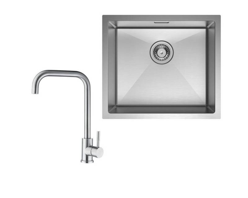CECIPA MAX Küchenspüle Unterbauspüle mit 1 Becken 50×44CM Edelstahlspüle Gebürstete, Quadrat, 50/44 cm, Gebürstete Küchenarmatur, 360° drehbar Höhe 345 mm von CECIPA MAX