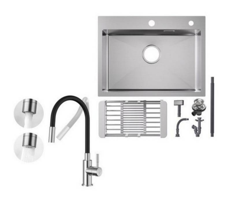CECIPA MAX Küchenspüle aus Edelstahl 60x45cm Aufsatzwaschbecken Gebürstete, Rechteck, 60/45 cm, Universeller Küchenarmatur, Gebürstete Küche Wasserhahn Hohe 380MM von CECIPA MAX