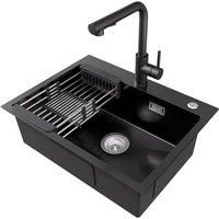 CECIPA MAX Küchenspülen-Sets, 60 × 45 cm Einzelbecken Edelstahl-Küchenspüle mit ausziehbarer Küchenarmatur, Abflusskorb, Anthrazit von CECIPA MAX