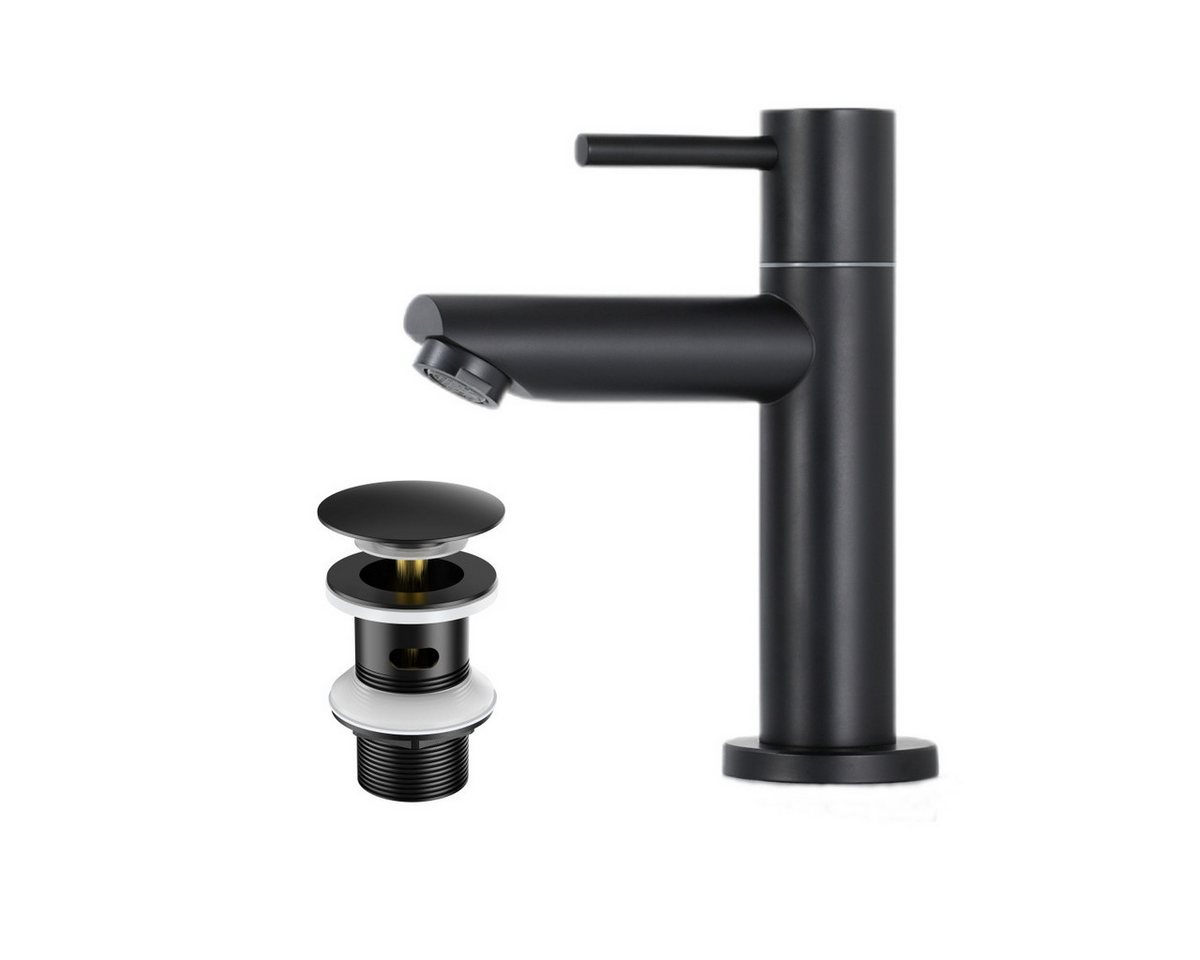 CECIPA MAX Waschtischarmatur Badezimmerhahn schwarz Wasserhahn Mit Pop Up Ablaufventil (16,3 cm Wasserhahn, 1-St., Waschtischarmatur aus Edelstahl) Einzelner Kaltwasserhahn von CECIPA MAX