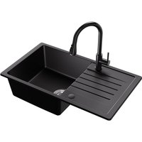 Granitspüle-Sets, 78 x 45 cm Küchenspüle mit Abtropffläche, schwarze Küchenarmatur mit ausziehbarer Brause, 2 Sprühmodi von CECIPA MAX
