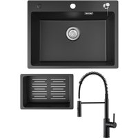 Cecipa Max - Küchenspüle 60x45cm Granitspüle Anthrazitschwarz Mit Seifenspender + Feder-Küchenhahn Schwarz Mit 2 Strahlarten 480 mm von CECIPA MAX