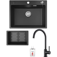 Cecipa Max - Küchenspüle 60x45cm Granitspüle Anthrazitschwarz Mit Seifenspender + Niederdruck-Küchenarmatur Schwarz Hohe 430MM von CECIPA MAX