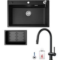 Cecipa Max - Küchenspüle 70x45cm Granitspüle Anthrazitschwarz Mit Seifenspender + Ausziehbarer Niederdruck-Küchenarmatur Schwarz Hohe 425MM von CECIPA MAX
