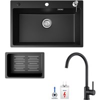 Cecipa Max - Küchenspüle 70x45cm Granitspüle Anthrazitschwarz Mit Seifenspender + Niederdruck-Küchenarmatur Schwarz Hohe 430MM von CECIPA MAX