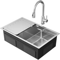 Küchenspüle-Set aus Edelstahl mit Einzelbecken, 70 x 44 cm, mit Abtropffläche, Küchenmischbatterie mit ausziehbarer Brause, 2 Strahlarten, gebürstet Küchenspüle-Set aus Edelstahl mit Einzelbecken, 70 x 44 cm, mit Abtropffläche, Küchenmischbatterie mit ausziehbarer Brause, 2 Strahlarten, gebürstet von CECIPA MAX