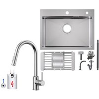 Cecipa Max - Küchenspüle aus Edelstahl 60x45cm Aufsatzwaschbecken Gebürstete + Ausziehbarer Niederdruck-Küchenarmatur Gebürstete Küche Wasserhahn von CECIPA MAX