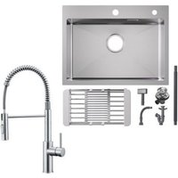 Cecipa Max - Küchenspüle aus Edelstahl 60x45cm Aufsatzwaschbecken Gebürstete + Feder-Küchenarmatur gebürstete Mit 2 Strahlarten Küche Wasserhahn Hohe von CECIPA MAX