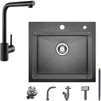 Spülbecken mit 1 Becken 50×45CM Edelstahlspüle Anthrazitschwarz + Schwarz Küchenarmatur 360° drehbar Einhebel-Spültischarmatur, Höhe 318MM von CECIPA MAX