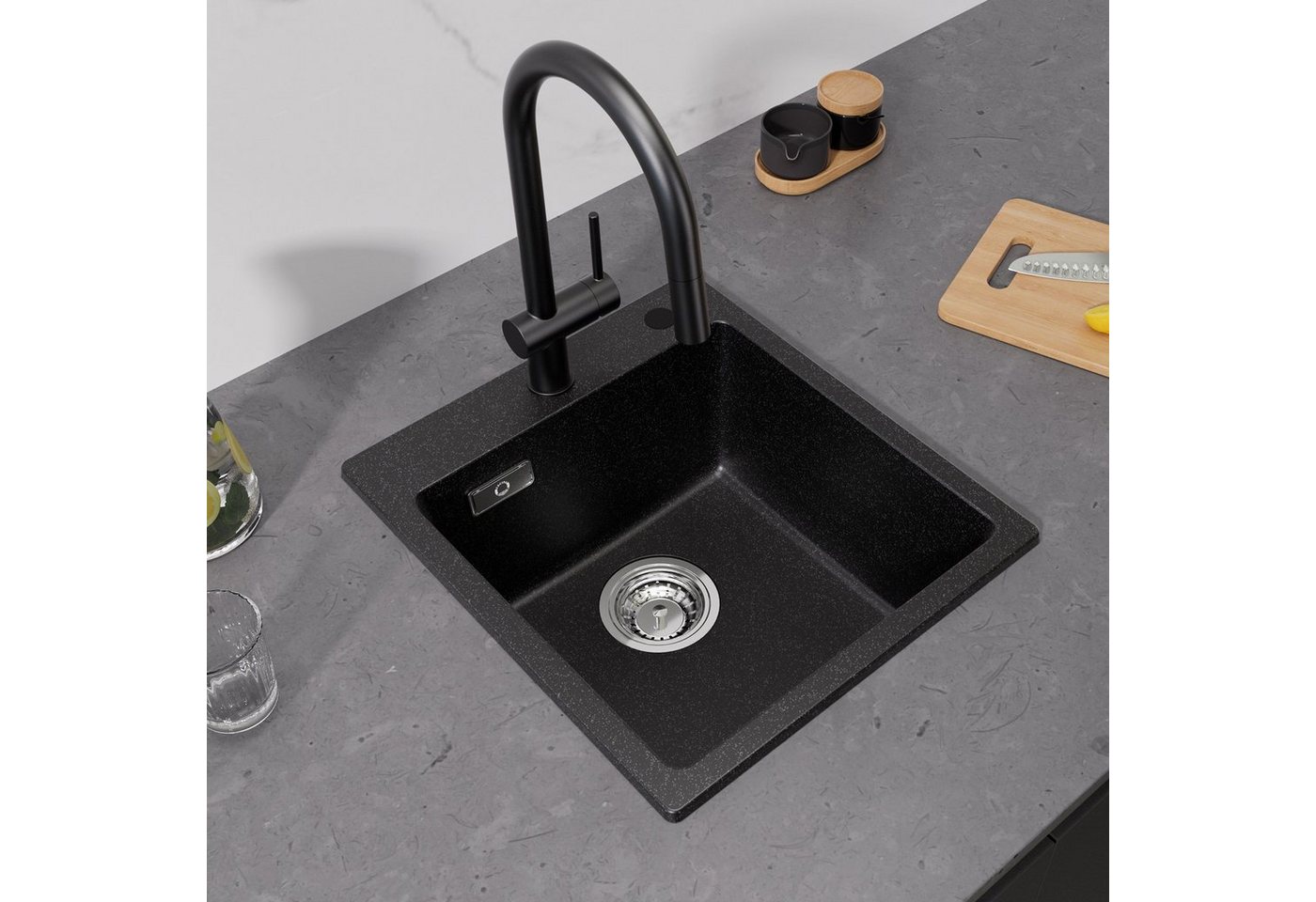 CECIPA pro Küchenspüle Granitspüle Schwarz 40×45cm Aufsatzwaschbecken, Quadrat, 40/20 cm, Anti-Geruchs-Design, 2 Befestigungslöcher von CECIPA pro