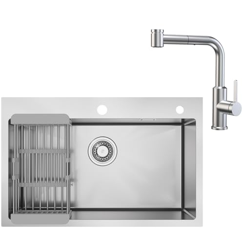CECIPA 70 x 45 CM Spülbecken Edelstahl Eckig mit Abtropffläche Mit Küchenarmatur Ausziehbar, Große Spüle Edelstahl 1 Becken Mit Wasserhahn Küche Ausziehbar von CECIPA