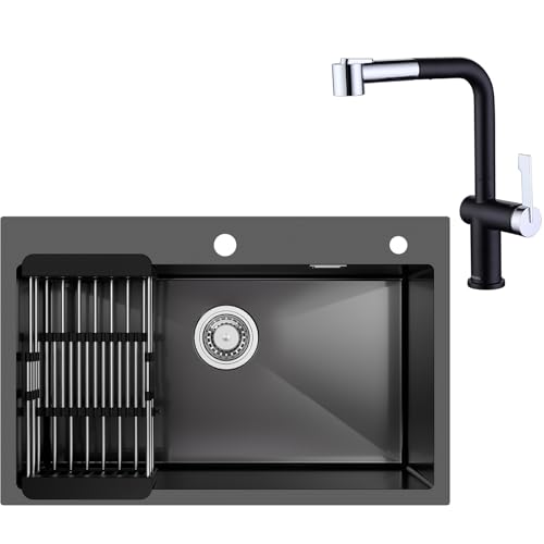 CECIPA 70 x 45 CM Spülbecken Edelstahl Schwarz Grau Mit Küchenarmatur Ausziehbar Schwarz&Chrom, Große Spüle Edelstahl Anthrazit Mit Wasserhahn Ausziehbar Schwarz von CECIPA