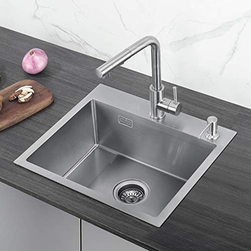 CECIPA Spülbecken Edelstahl Eckig, 50x45cm Spüle Edelstahl Küche mit Hahnloch, Küchenspüle 1 Becken, Kitchen Sink, Einbauspüle Edelstahl inkl Siphon & Über（Ohne Seifenspender） von CECIPA