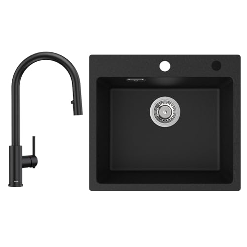 CECIPA Granit Küchenspüle schwarzem 50x45cm, 1 Becken mit integriertem Siphon, 360° drehbarem Wasserhahn aus Edelstahl mit ausziehbarer Brause von CECIPA