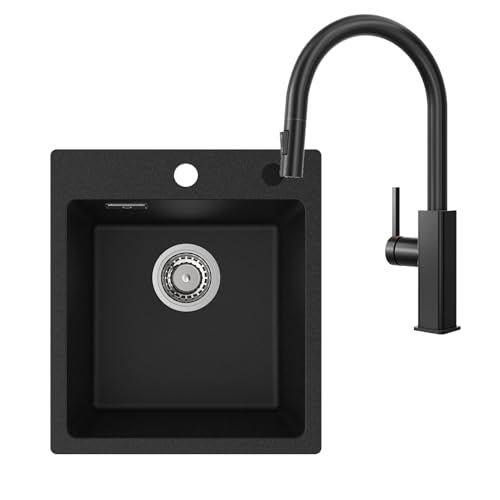 CECIPA Granitspüle Schwarz 40x45cm mit Ausziehbarer Küchenarmatur Edelstahl, Einbauspüle Set mit 2 Hahnlöchern, Rechteckige Küchenspüle mit Wasserhahn, Komplettset für Moderne Küchen CECIPA Granitspüle Schwarz 40x45cm mit Ausziehbarer Küchenarmatur Edelstahl, Einbauspüle Set mit 2 Hahnlöchern, Rechteckige Küchenspüle mit Wasserhahn, Komplettset für Moderne Küchen von CECIPA