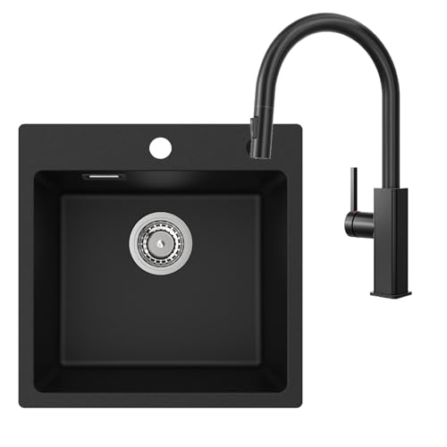 CECIPA Granitspüle Schwarz 45x45 cm mit Ausziehbarer Küchenarmatur, Rechteckige Einbauspüle Set mit 2 Hahnlöchern, Spülbecken Komplettset für Moderne & Stilvolle Küchen von CECIPA