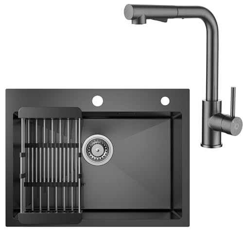 CECIPA Spülbecken Schwarz Anthrazit 60 * 45CM + Küchenarmatur Ausziehbar Gebürsteter Anthrazitton, Spüle Küche mit Abtropfgestell und Siphon, Küchenspüle 1 Becken Eckig, Einbauspüle mit 2 HahnLöcher CECIPA Spülbecken Schwarz Anthrazit 60 * 45CM + Küchenarmatur Ausziehbar Gebürsteter Anthrazitton, Spüle Küche mit Abtropfgestell und Siphon, Küchenspüle 1 Becken Eckig, Einbauspüle mit 2 HahnLöcher von CECIPA