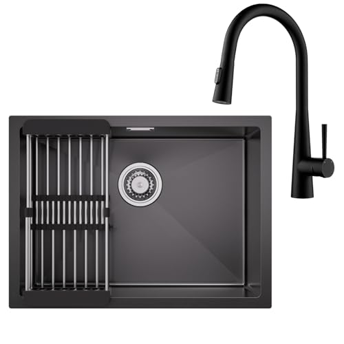 CECIPA Spülbecken Schwarz Anthrazit 60 x 44cm mit Wasserhahn Küche Ausziehbar, Küchenspüle mit Siebkorb Ausziehbar, Einbauspüle Spüle Schwarz Edelstahl ohne Hahnloch inkl. Siphon und Abflusssieb von CECIPA