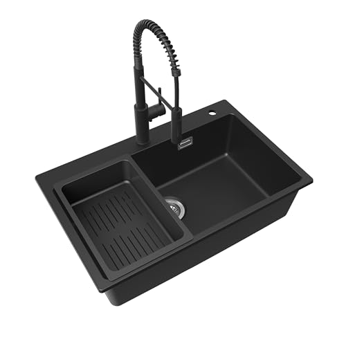 CECIPA Spülbecken Schwarz mit Küchenarmatur mit Brause Herunterziehen, 70x45 cm Granitspüle mit Ab- und Überlaufgarnitur, Küchenspüle Einbaubar ab 80 cm Schrankbreite, Spüle Küche mit Großem Becken CECIPA Spülbecken Schwarz mit Küchenarmatur mit Brause Herunterziehen, 70x45 cm Granitspüle mit Ab- und Überlaufgarnitur, Küchenspüle Einbaubar ab 80 cm Schrankbreite, Spüle Küche mit Großem Becken von CECIPA