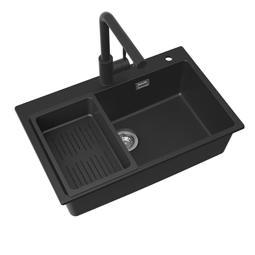 CECIPA Spülbecken Schwarz mit Wasserhahn Ausziehbar 70x45 cm, Granitspüle mit Ab- und Überlaufgarnitur, Küchenspüle Einbaubar ab 80 cm Schrankbreite, Spüle Küche mit Großem Becken, Armatur X203B von CECIPA