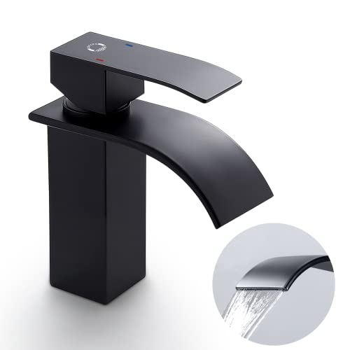 CECIPA Wasserhahn Bad Schwarz, Wasserfall Wasserhahn Schwarz Waschtischarmatur Wasserfall Waschbecken Armatur Schwarz Mischbatterie Waschbecken mit Auslauf Höhe 84 mm von CECIPA