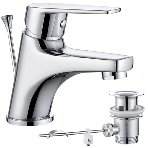 CECIPA Wasserhahn Bad, Waschtischarmatur Mit Zugstange Ablaufgarnitur, Mischbatterie, Armatur Waschbecken Modern, Badarmatur aus Messing Klein Waschbeckenarmatur Für Badezimmer, Gäste-Wc von CECIPA