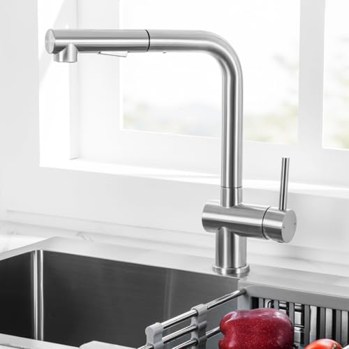 CECIPA Wasserhahn Küche Ausziehbar, Hochdruck Küchenarmatur mit Brause Zwei Strahlarten, Edelstahl Armatur Küche, 360° Schwenkbar Mischbatterie für Einzel oder Doppelspülen, Gebürstet von CECIPA