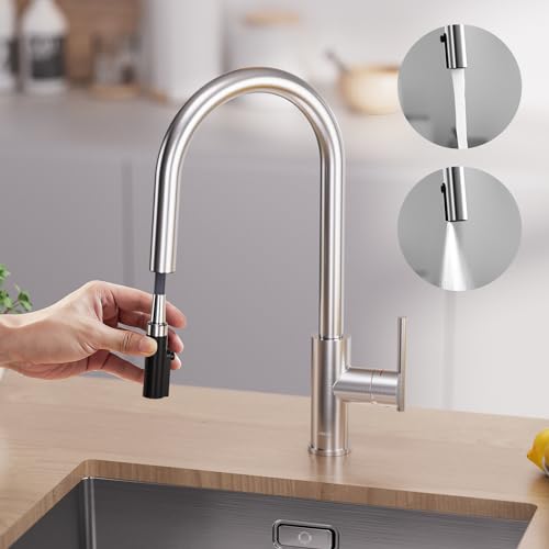 CECIPA Wasserhahn Küche Ausziehbar, Hochdruck Küchenarmatur mit Kehrspray Wasserstrahlarten, Küche Mischbatterie Edelstahl Gebürstet, Einhebelmischer 360° Schwenkbar von CECIPA