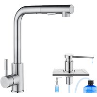 Cecipa Hochdruck Ausziehbare Küchenarmaturen aus gebürstetem Edelstahl + Küchenseifenspender mit 300-ML-Behälter, gebürstet von CECIPA MAX