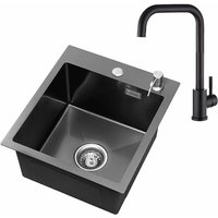 Spüle 1 Becken 40 x 45 cm + Schwarze Küchenarmatur Einbau- oder Aufsatzmontage ab 40cm Unterschrank, mit Siphon und Überlauf Ohne Seifenspender, von CECIPA