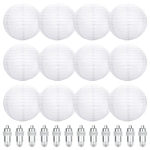 12 Stücke Weiß Papierlaterne mit 12er Weiße Mini LED-Ballons Lichter, Rund Lampenschirm Lampion für Hochtzeit Dekoration Papierlaterne Geburtstag Weihnachten Papierlampen Party（20CM ） von CECOMBINE