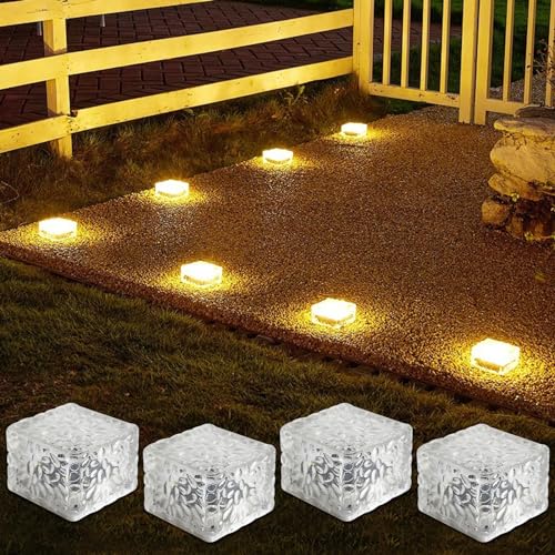 4er-Set Solar Glas Pflastersteine Außenleuchte, Wasserdicht LED Solar Bodenleuchten Solarlampen Außen Pflastersteine Wegbeleuchtung Dekoration Lichter für Garten Terrasse Schritte Deko, 7x7x5cm von CECOMBINE