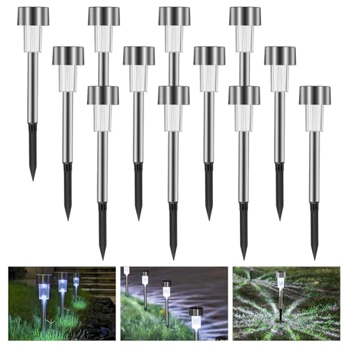 CECOMBINE Solarlampe für außen, 12 Stück LED Solarlampen Deko Licht Gartenleuchte Wegleuchte Warmweiß Edelstahl Wasserdichte LED Solarlampen für Terrasse, Rasen, Wegen, Garten Hofwege, Silber von CECOMBINE