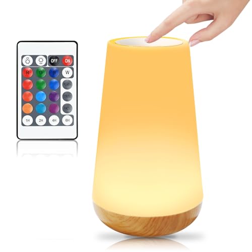 LED Nachttischlampe mit Touch Dimmbar, Nachtlicht für Kinder mit 13 Farben & 5 Helligkeitsstufen, RGB Farbwechsel USB Aufladbar mit Fernbedienung Holzmaserung Stilllicht für Wohnzimmer, Kinderzimmer von CECOMBINE