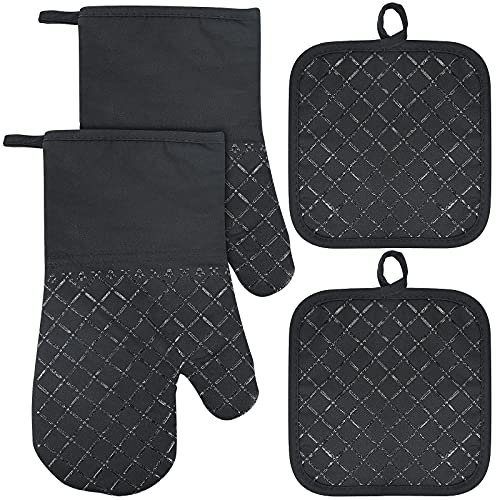 Ofenhandschuhe und Topflappen 4er Set, 300°C Hitzebeständige Topfhandschuhe Anti-Rutsch Ofen Handschuhe, Oven Mitts Küche Backhandschuhe Kochhandschuhe（Schwarz） von CECOMBINE