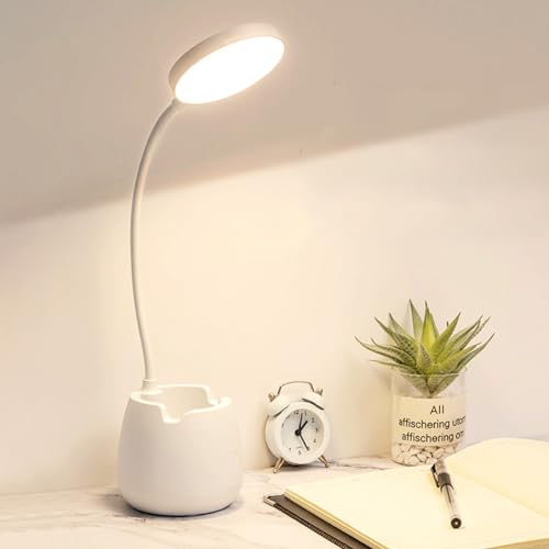 Schreibtischlampe für Kinder, LED Tischlampe mit Touch-Schalter und Stifthalter, Eye-Friendly USB-Aufladung Nachttischlampe 3 Farb und Stufenlos Dimmbare für Lektüre, Studieren, Arbeiten (Weiß） von CECOMBINE