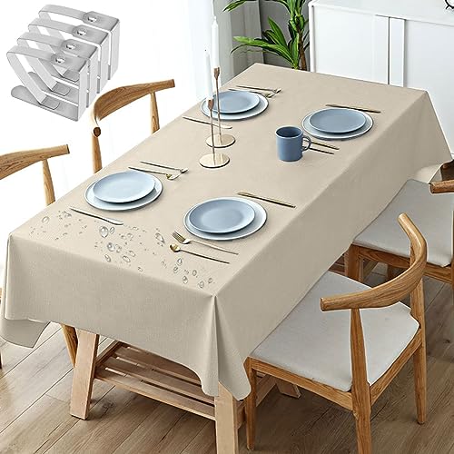 Tischdecke Fleckschutz Abwaschbar Tischwäsche - Wasserdicht Tischtuch PVC Plastik-Tischdecken mit Tischdeckenklammern für Esszimmer, Garten, Party, Hochzeiten oder Haushalt, Beige (Größe:140x200cm) von CECOMBINE