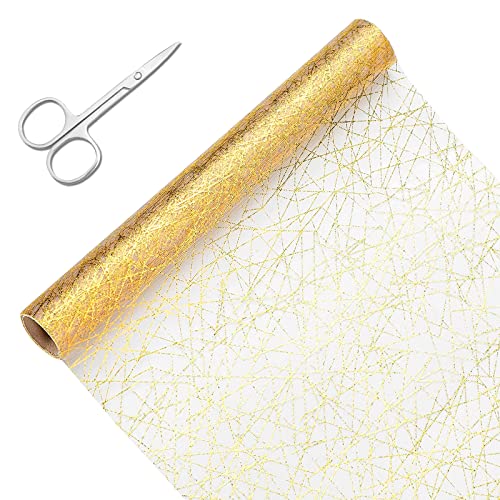 Tischläufer Gold, 28cm x 15M Tischband mit Beschicht in Glänzend Golden, Organza Tischläufer Gold Rolle Tüll Glitzer Metallic Tischdecke Glänzend für Hochzeit Party oder Festival Neujahr ,Weihnachten von CECOMBINE