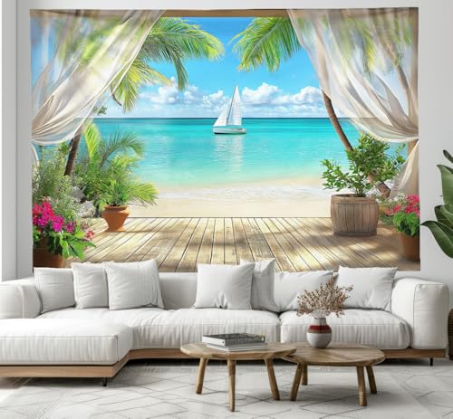 3D Druck Meerblick Aus Dem Fenster Wandteppiche Poster Ornament Wandbehang, 180×230cm Wandteppich Wanddeko, Hawaiianische Palmen Dekor Tapisserie Wandbehang Für Wohnzimmer Schlafzimmer Wohnheim von CEDNXOER