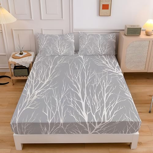 Abstrakter Wald Spannbettlaken 200x200cm Kinder, Moderne Anlagen Bettlaken 3D Spannbetttuch, Grau Spannbetttücher Topper 30 cm Höhe Weiche Mikrofaser Boxspringbett mit 2 Kissenbezügen Abstrakter Wald Spannbettlaken 200x200cm Kinder, Moderne Anlagen Bettlaken 3D Spannbetttuch, Grau Spannbetttücher Topper 30 cm Höhe Weiche Mikrofaser Boxspringbett mit 2 Kissenbezügen von CEDNXOER
