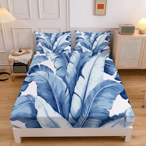 Abstraktes Bananenblatt Spannbettlaken 200x200cm Kinder, Tropische Pflanzen Bettlaken 3D Spannbetttuch, Blau Spannbetttücher Topper 30 cm Höhe Weiche Mikrofaser Boxspringbett mit 2 Kissenbezügen Abstraktes Bananenblatt Spannbettlaken 200x200cm Kinder, Tropische Pflanzen Bettlaken 3D Spannbetttuch, Blau Spannbetttücher Topper 30 cm Höhe Weiche Mikrofaser Boxspringbett mit 2 Kissenbezügen von CEDNXOER