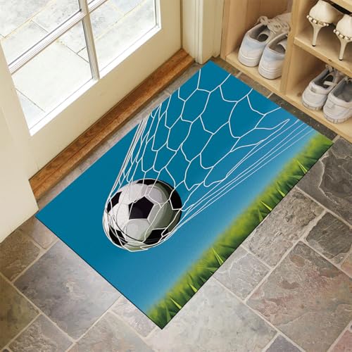 Blau Fußmatte Innen 50x70 cm Grünes Gras, Waschbar Eingangsteppich, Fußball Sport Schmutzfangmatte rutschfest, Kurzflor Türmatte Teppich für Eingang, Haustür, Flur von CEDNXOER