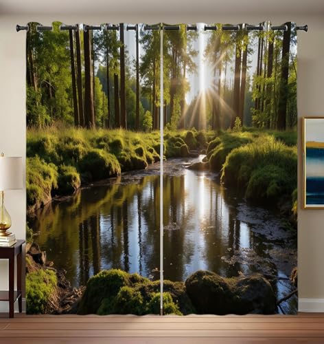 Blickdichte Vorhänge 2er Set H 214 x B 132 cm, Gardinen Verdunkelnd mit Ösen Natur Wald Verdunklungsvorhänge Schlafzimmer Wohnzimmer, Weich Senfgelb Vorhang Blackout Curtain Ruhiger Realismus von CEDNXOER