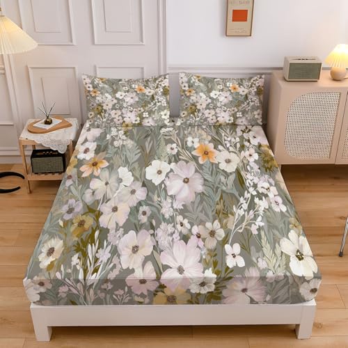 Blumen Blätter Spannbettlaken 140x200cm Kinder, Landschaft Blumen Bettlaken 3D Spannbetttuch, Beige Spannbetttücher Topper 30 cm Höhe Weiche Mikrofaser Boxspringbett mit 2 Kissenbezügen Blumen Blätter Spannbettlaken 140x200cm Kinder, Landschaft Blumen Bettlaken 3D Spannbetttuch, Beige Spannbetttücher Topper 30 cm Höhe Weiche Mikrofaser Boxspringbett mit 2 Kissenbezügen von CEDNXOER